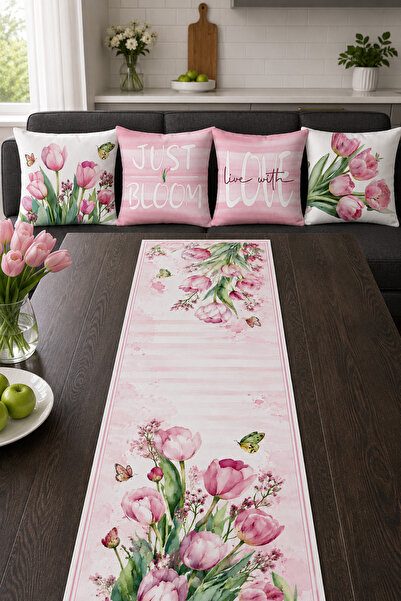 Bebişim Halı Pink Tulip Patterned Runner and Set of 4 Cushion Covers Just Bloom
