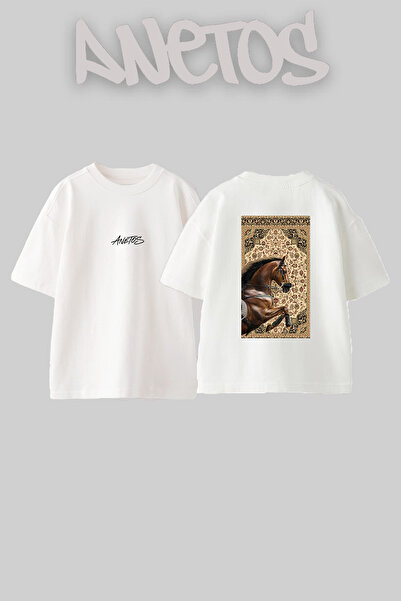 Anetos Horse Rug Design Back Printed Cotton White Oversize T-Shirt