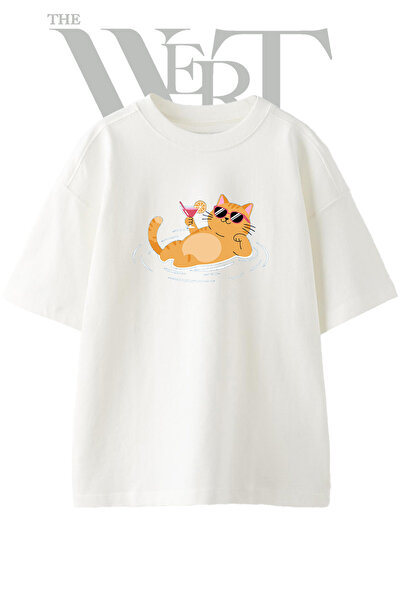 THEWERT تي شيرت أبيض كبير الحجم مطبوع بتصميم Summer Cat للجنسين