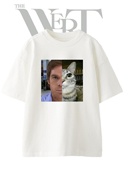 THEWERT تي شيرت أبيض كبير الحجم مطبوع بتصميم Dexter Cat للجنسين