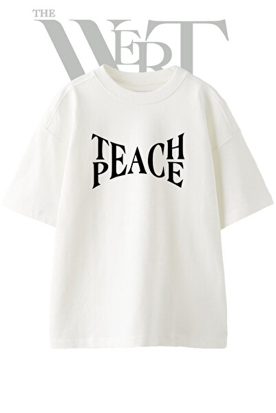 THEWERT تي شيرت أبيض كبير الحجم مطبوع عليه تصميم Teach Peace للجنسين