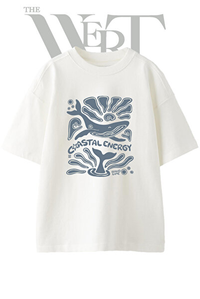 THEWERT Tricou supradimensionat alb unisex cu imprimeu Coastal Whale Design
