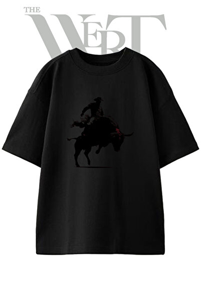 THEWERT Bull Rider Design Printed Unisex Black Oversize T-Shirt
