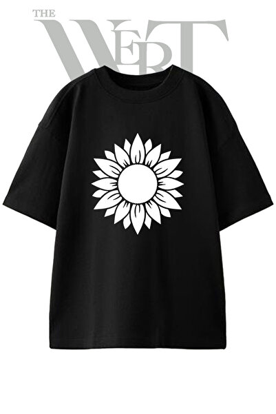 THEWERT Sunflower Design Printed Unisex Black Oversize T-Shirt