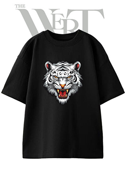 THEWERT White Tiger Design Printed Unisex Black Oversize T-Shirt