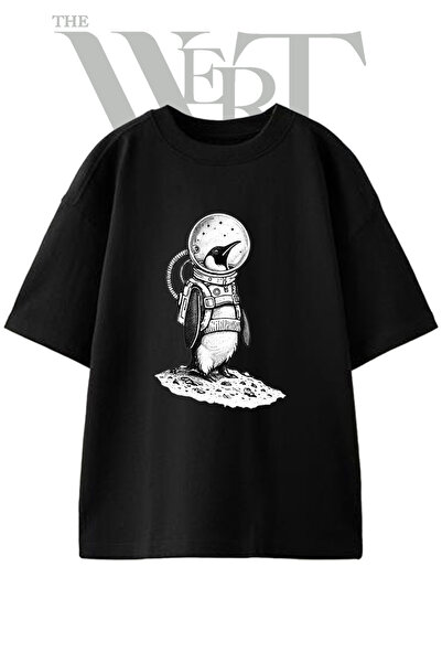 THEWERT Μπλουζάκι Unisex με σχέδιο Penguin Astronaut, μαύρο, oversized, με στ...