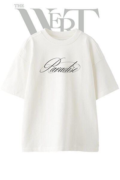 THEWERT Paradise Calligraphy Design Printed Unisex White Oversize T-Shirt