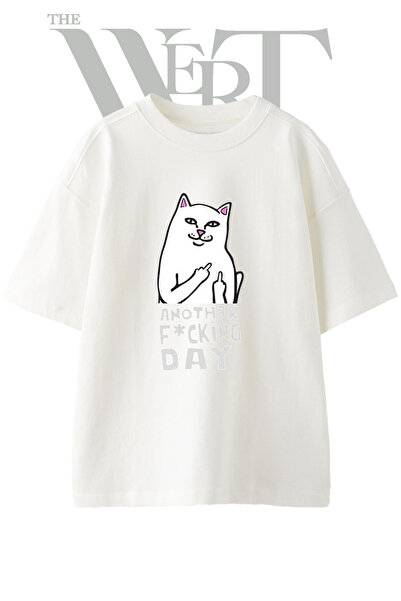 THEWERT Tricou oversize alb unisex cu imprimeu Cat Design pe degetul mijlociu