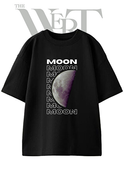THEWERT Moon Design Printed Unisex Black Oversize T-Shirt