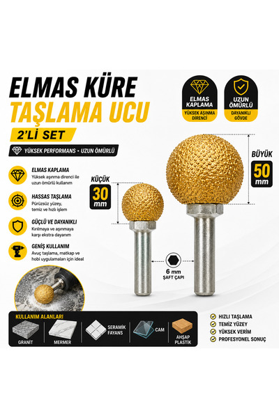 SENBANG 2’li Elmas Küre Taşlama Ucu Seti 30 mm + 50 mm Elmas Kaplama Freze Uc...