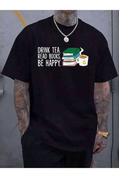 4CR تي شيرت رجالي أسود من القطن بنسبة 100% بطبعة مضحكة "Read Be Happy Tea And...