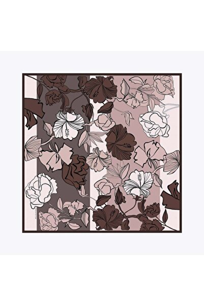 Zerafetim Tivil Saf İpek Eşarp Gül Kurusu Flora Desen İpek Twill Eşarp