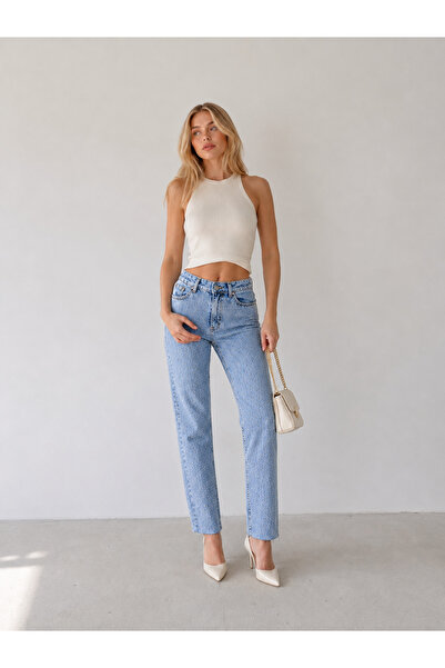 SHEVEGA Women's Ice Blue Stone Detailed Cut-Leg Boyfriend Mom Jeans Denim Tro...