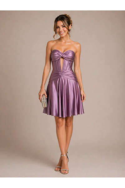 Hot Contact Strapless Double Breasted Detailed Corseted Satin Mini Evening Dr...
