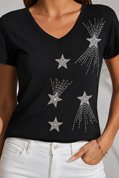 Bİ.GİYSEN Women's Black V-Neck Front Star Sequin Embroidered 100% Cotton Comb...