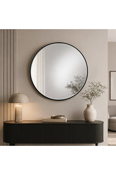 on home مرآة دائرية بإطار من الألومنيوم الأسود - مقاس 80 × 80 سم