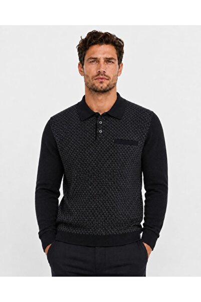 ONNO Men's Polo Collar Tricot Sweater with Elastic Waist, Steel Knitting, Cla...