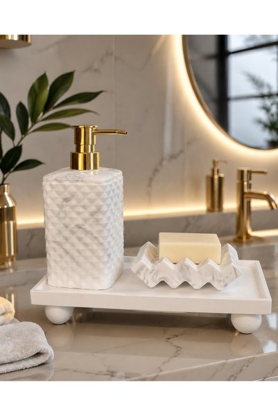 lufen deco طقم حمام من 3 قطع من الخرسانة ذات النمط الرخامي، موزع صابون سائل، صينية تقديم، موزع صابون صلب، إكسسوارات حمام مزخرفة