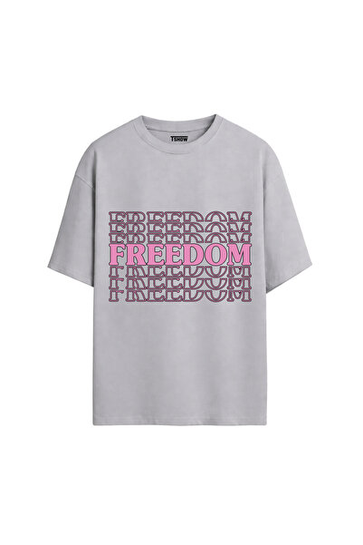 Freedom Baskılı PREMİUM Bisiklet Yaka %100 Pamuk kısa kollu Oversize Tshirt E-05