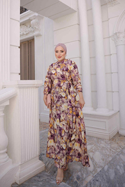 İmajButik Φόρεμα με μωβ μανίκια και λεπτομέρεια με ελαστική αγκράφα