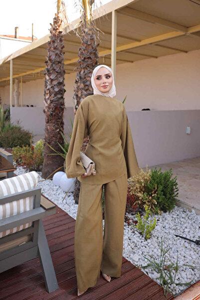 İmajButik Yağ Yeşili Bel Bağlamalı Tunik Pantolonlu Takım