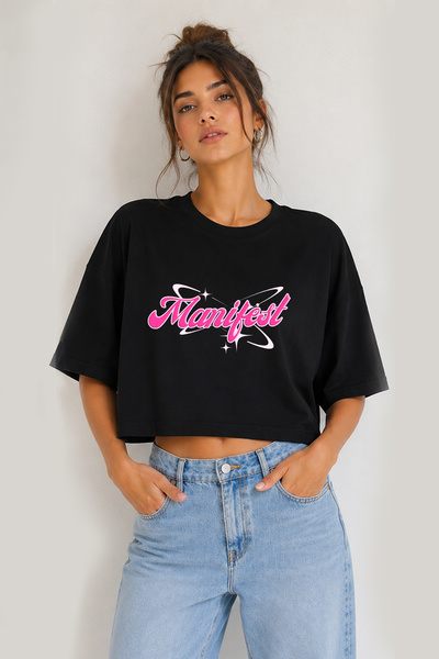 FANA Manifest Baskılı Kadın Semi Crop Tişört Oversize Pamuklu Y2K Estetik Kıs...