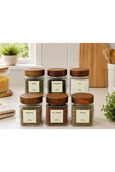 MODA OZY Etiketli Akasya Kapaklı 300 ml 6 Adet Kavanoz Ve 6 Adet Mini Baharat Kaşığı - 12 Parça Baharat Seti