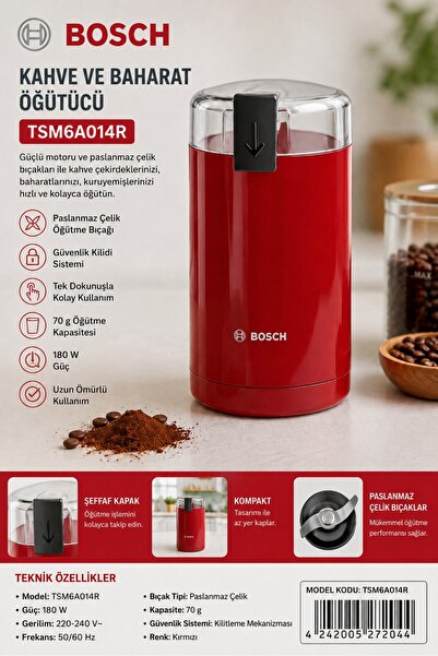 Bosch TSM6A014R Kahve ve Baharat Öğütücü 180W 70g Paslanmaz Çelik Bıçak Kırmızı