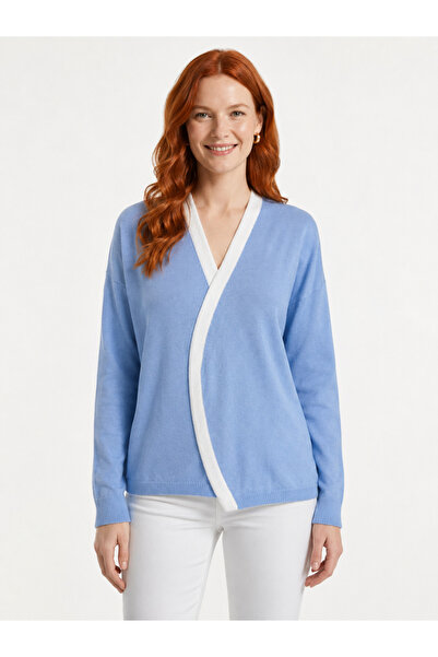 Neden Tekstil Women's Blue Double-Breasted V-Neck Knitwear Cardigan