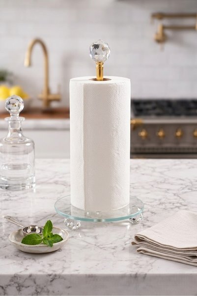 STEPORAX Diamond Footed Paper Towel Holder Stand with Crystal Detail and Gold Metal Body and Glass Base