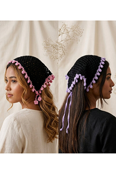 Daisy Kadın El Örgüsü Tığ İşi Siyah Pembe Çiçek Detaylı Bandana Motifli Saç B...