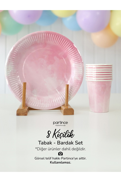 partince 8 Kişilik Makaron Pembe Tema Kullan At Karton Tabak Bardak Parti Seti