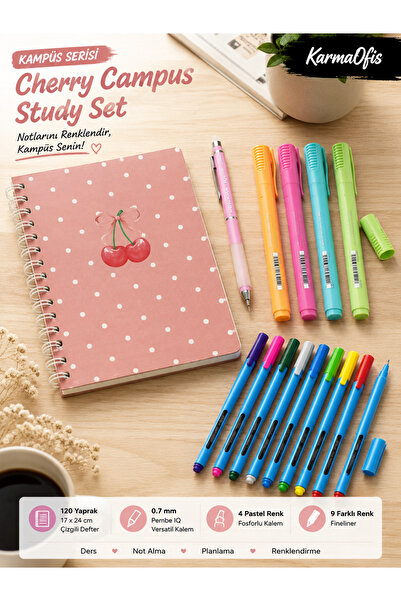 KarmaOfis Cherry Campus Üniversite Kırtasiye Seti – 120 Yaprak Çizgili Defter...