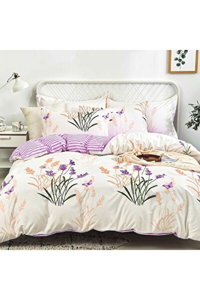 decorami Lenjerie pat dublu cu Elastic, bumbac satinat, Crem, Mov, flori