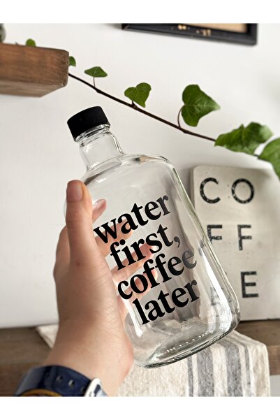 Atölye Merdiven Cam Su Şişesi 1 Litre water first coffee later kahve severler için su şişesi