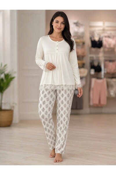 Manolya Long Sleeved Wide Cut Lace Maternity Pajama Set