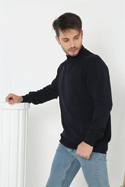 Mariposa Secret Men's Half Turtleneck Knitwear Sweater - Navy Blue