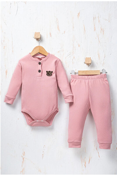 Rocha Baby Ribbed Long Sleeve Double Set with Teddy Bear Detail - Top and Bottom Set