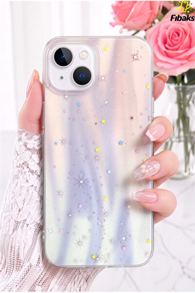 Fibaks iPhone 13/14/15 Kılıf Hologramlı Yıldız Işıltısı Desenli Şeffaf Siliko...