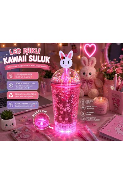 LED Işıklı Pipetli Kawaii Chibi Sevimli Tavşan Figürlü Çift Katlı İçecek Bardağı Suluk 450ML Kırmızı