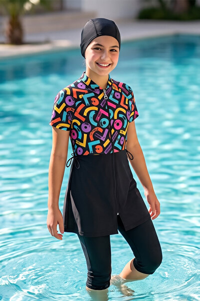 Haliç Mayo Young Girl's Short Sleeve Semi-Closed Hijab Swimsuit 6645 Black01