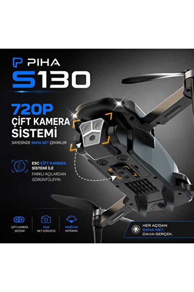 piha S130 Fırçasız Motor 2Batarya&30Dakika Uçuş 720P Çift Kamera Engelden Kaçınma Drone