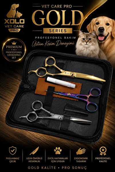 xolo Vet Care Pro Gold 6 Parça Kedi Köpek Makas Seti Kavisli Düz Makas Kıtık ...