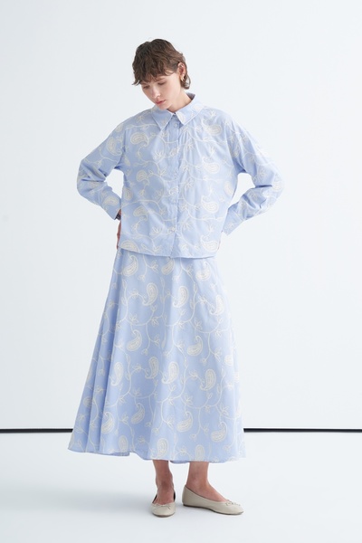 EBU Prive Women's Embroidered Flared Skirt Shirt Set Blue Striped