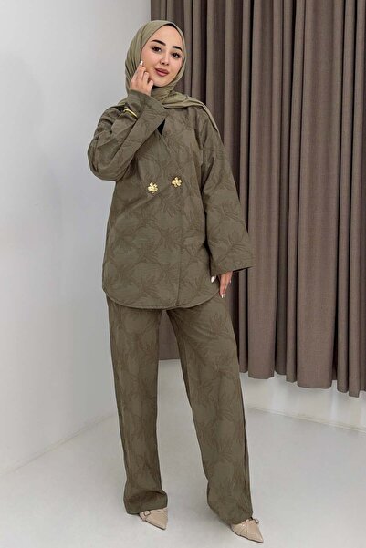 Raneel Kazançlı Alışveriş Women's khaki jacquard suit with front button detai...