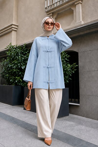 Lunfia Düğmeli V Yaka Oversize Organze Kimono - Bebe Mavi