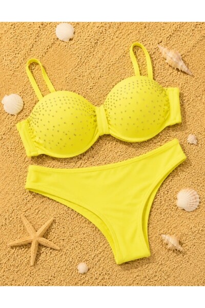 Nobrand Costum de Baie Damă 2 Piese Galben Neon cu Cristale Decorative, Push-...