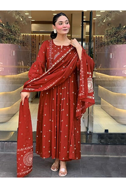 MYSMAR Maroon Viscose Rayon Salwar Kameez Dupatta - ALV2061-Maroon-Size-L-40-...