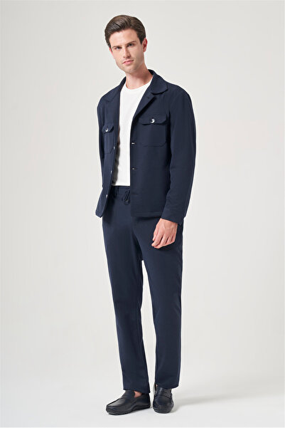 İmza Navy Blue Berber Collar Knitted Elastic Waist 6 Drop Slim Fit Unlined Fl...