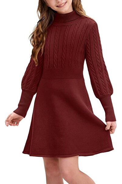Dotail Knitted Dress, High Neck, Puffed Sleeves, Accented Waist, Size 120, Vi...